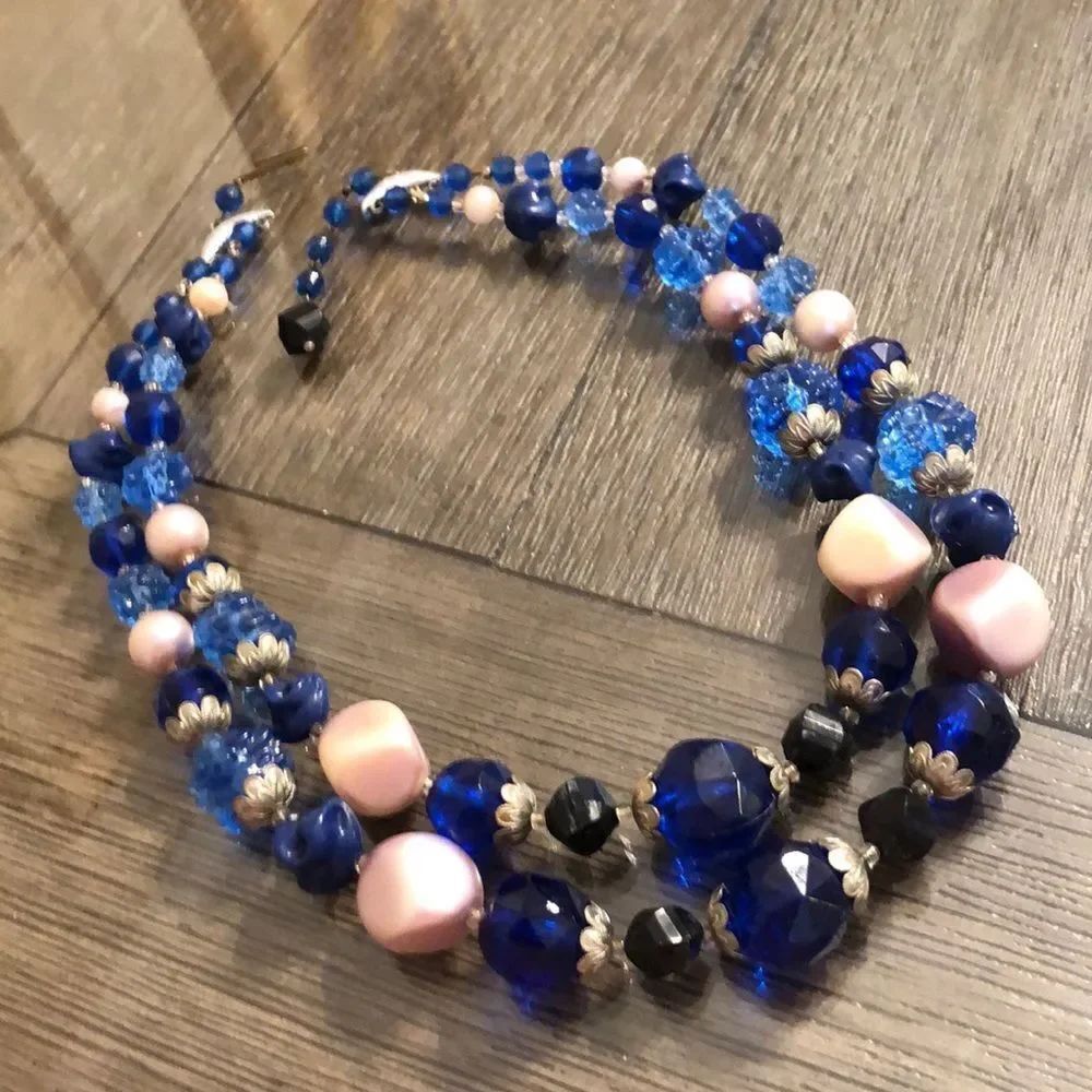 Vintage Sapphire Blue Acrylic Bead Necklace, Blue Raspberry Beads, Two Strands